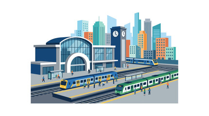 Fototapeta premium Modern Train Station with Commuters and City Skyline - Urban Transportation Hub