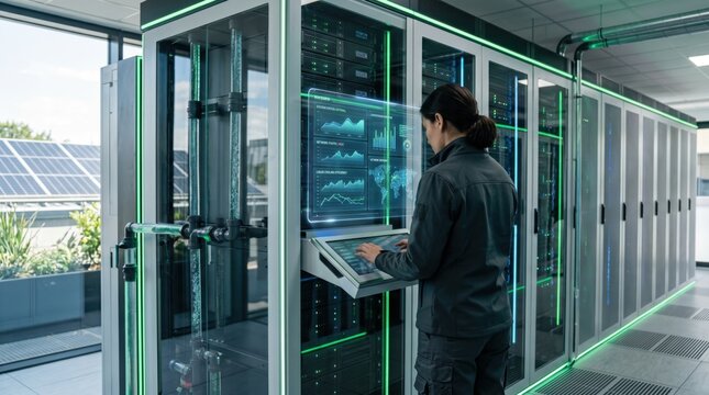 Female technician operating server rack with holographic interface in modern data center, green energy solar panels visible outside, cloud computing infrastructure, IT maintenan...