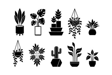 Fototapeta premium Houseplant icons set. collection of abstract green plants in pots and hanging planters. garden floral elements. modern style vector illustrations isolated on white background.