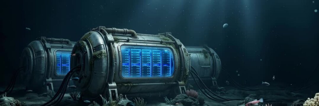 Submerged modular data center operates on the ocean floor beneath soft beams of blue light, animated website banner with copy space