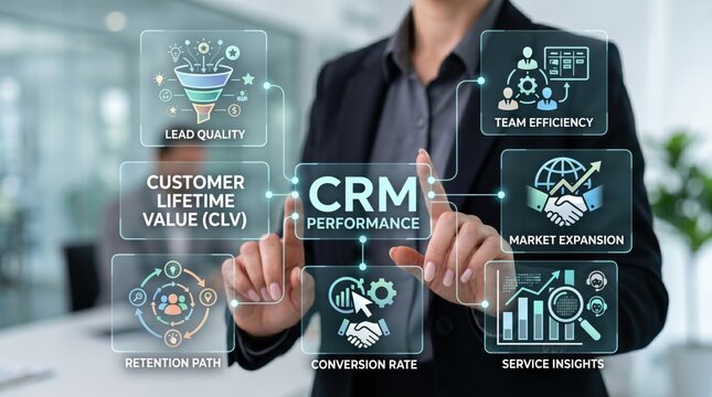 Business professional analyzing CRM performance metrics, lead quality, team efficiency, and customer lifetime value on futuristic digital interface screen for data driven strategy.