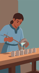 Fototapeta premium Person pouring liquid from a vessel into multiple cups on a table