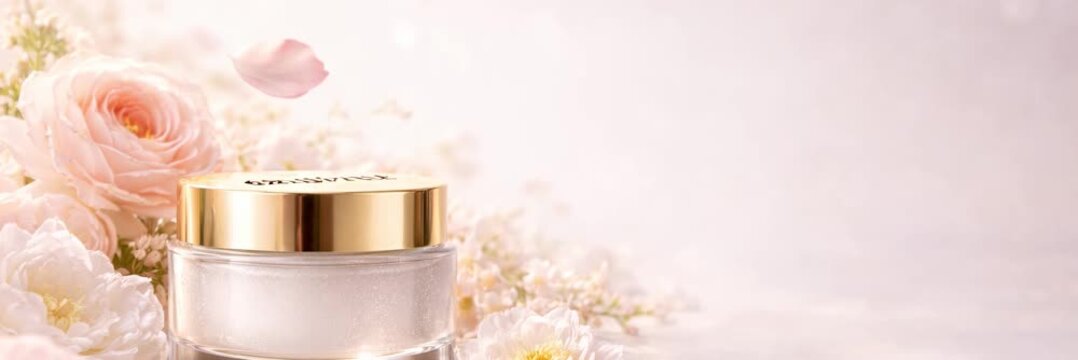 Luxury cosmetic cream jar stands among delicate roses in a soft romantic scene, animated website banner with copy space