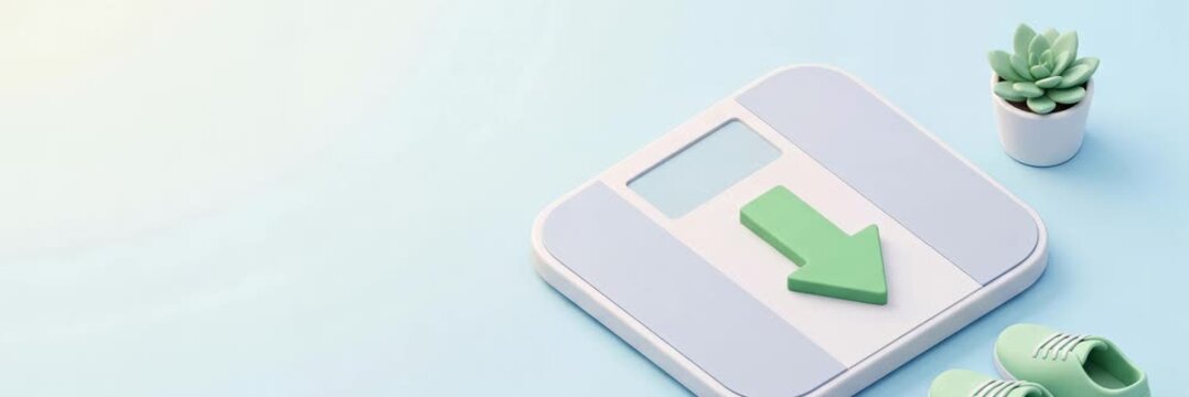 Digital bathroom scale with a green downward arrow symbolizes successful weight loss, animated website banner with copy space