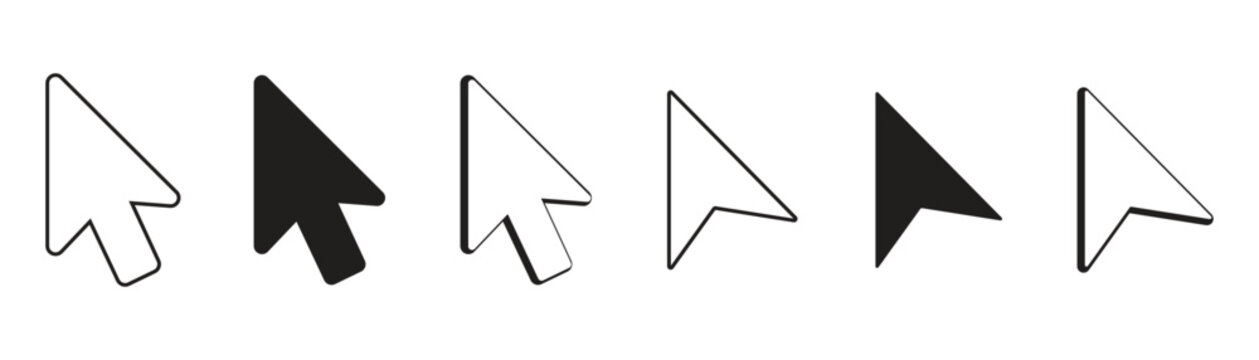 Minimalist mouse cursor icon set with black and white pointer arrows for web navigation digital interface elements and UI UX design layouts