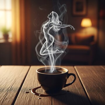 A steaming cup of coffee on a wooden table with a dancing figure formed by rising vapor in a cozy room