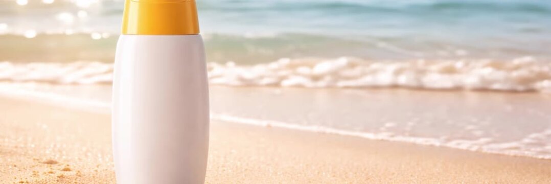 Sunscreen bottle stands on a sunny beach beside gentle ocean waves, animated website banner with copy space. Summer travel and vacation concept.