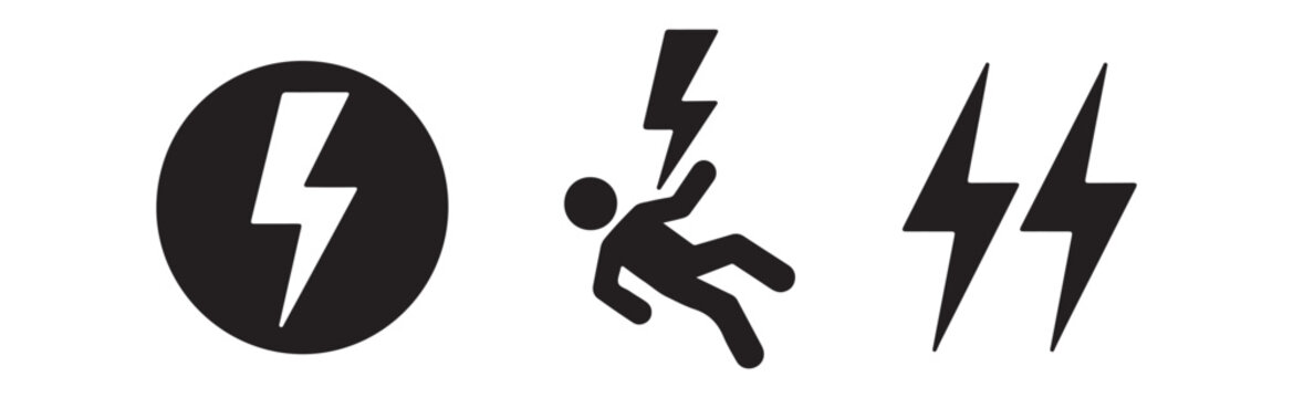 Three black danger high voltage and electric shock icons, simple electricity symbol warning signs.