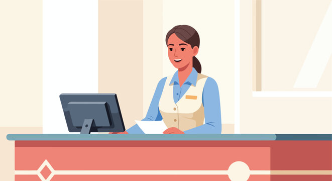 Woman working at reception desk with computer