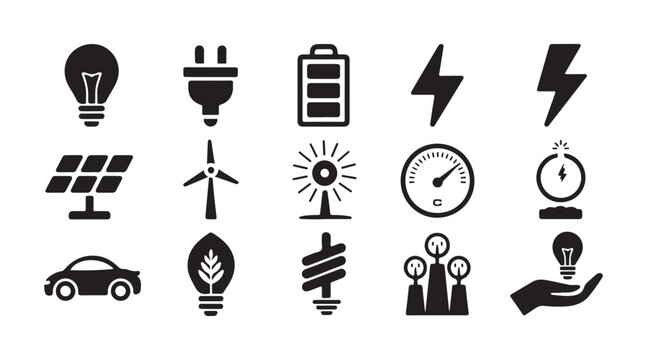 Set of fifteen black simple energy, electricity, and ecology icons on checkered background.
