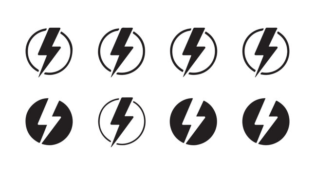 Eight simple black lightning bolt icons in circles, electricity and power symbol set.