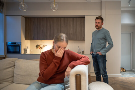 Disappointment, coldness and separation, husband and wife in silent treatment after emotional brawl, toxic unhealthy couple relationships, sadness and emptiness between partners, complex marriage.