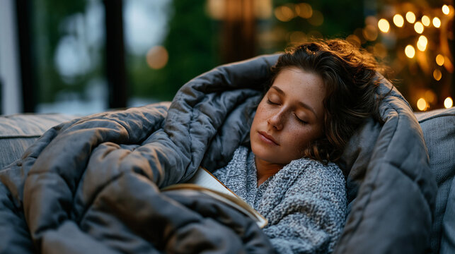 Woman lying on a living room sofa beneath a weighted blanket with a fatigue journal on her chest, early morning mist visible through glass doors, chronic fatigue syndrome daily struggle, myalgic enc