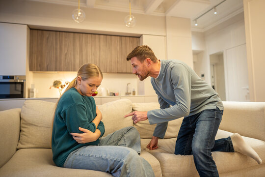 Verbal aggression and hysterical unstable behavior, husband and wife in serious emotional crisis, manipulative suspicious male partner blaming stressed confused wife, distrust in spouses relationships