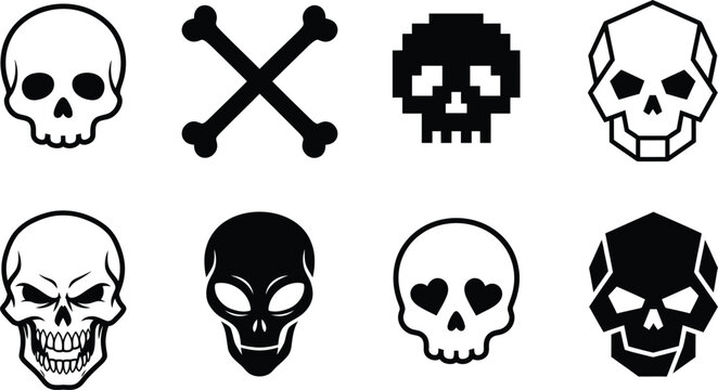 Set of various human skull silhouettes and crossbones icons with skeleton