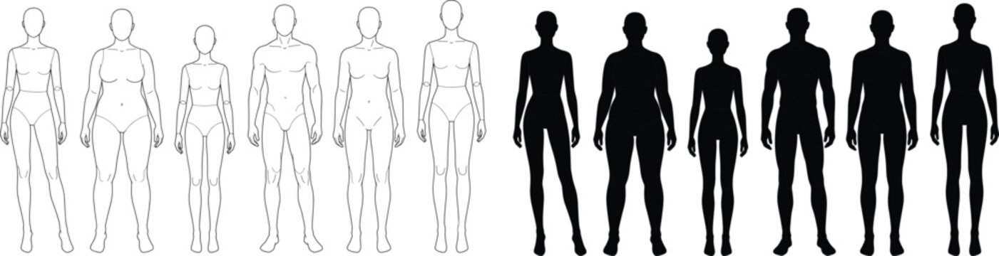 Human Body Figure Template Set with Male Female Child Outline and Silhouette Vector Collection
