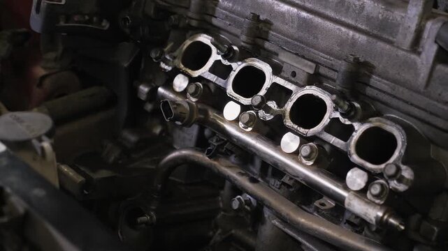 A detailed view of a car engine that has been taken apart in a garage, with the hood raised.