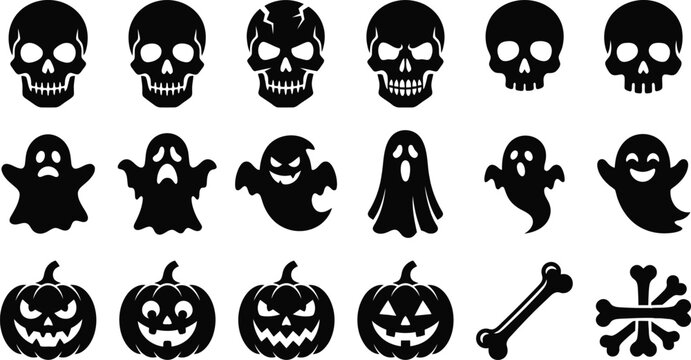 Set of halloween icons featuring skulls ghosts and pumpkins halloween isolated