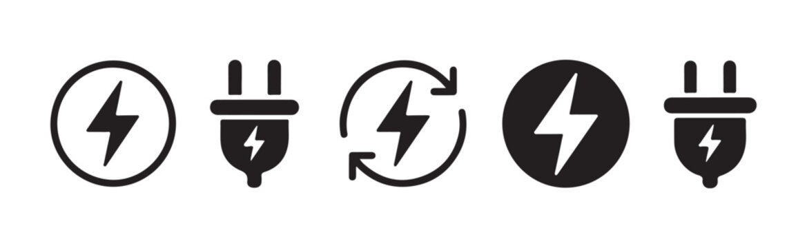 Set of solid black electrical power icons including plug shapes and lightning bolts in round frames.