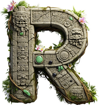 letra R, mayas, arte, precolombino, mexico, piramides, antiguas, estatua, s&iacute;mbolo, aislada, madera, ilustraci&oacute;n, objeto, decoraciones, plantas, peninsula, sur, arte maya, tallado a mano, escultura, me