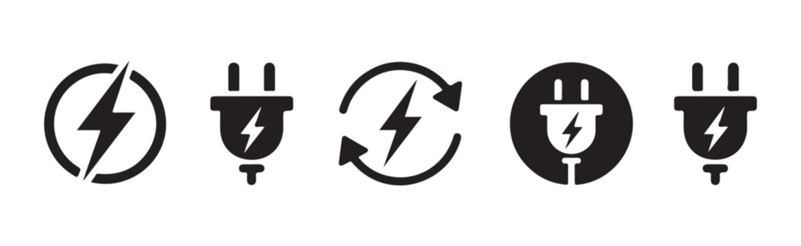 Collection of bold black electrical icons featuring lightning bolts and power plugs in circular frames.