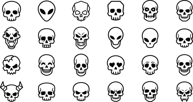 Collection of different skull styles and types in grid format with collection