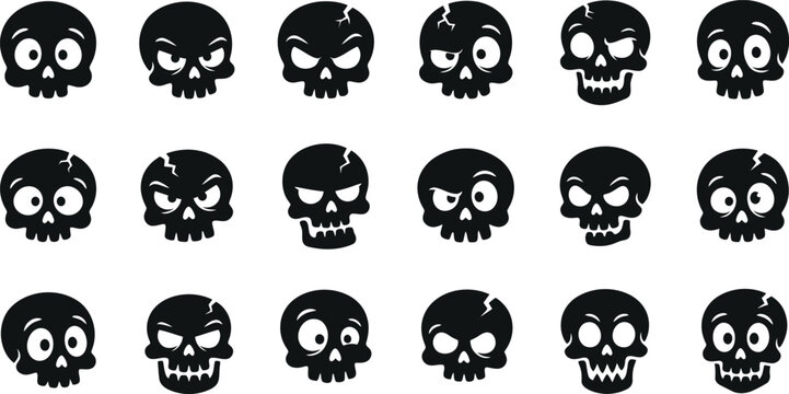 Set of cartoon skull icons with various expressions and emotions, expression