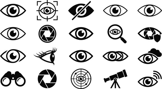 Black eye icons and vision optical view zoom symbols set isolated on white background