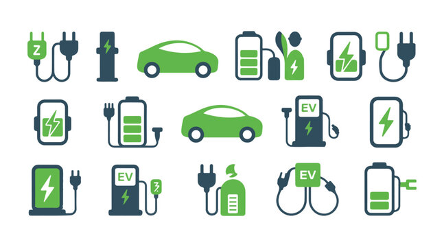 Electric vehicle charging icons set with ev car battery status and station symbols for eco transport.