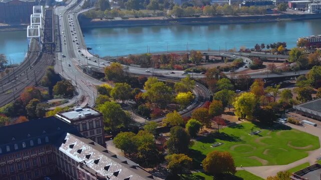  Aerial view around the city of Mannheim beside the RHein river in Germany on a sunny autumn day 