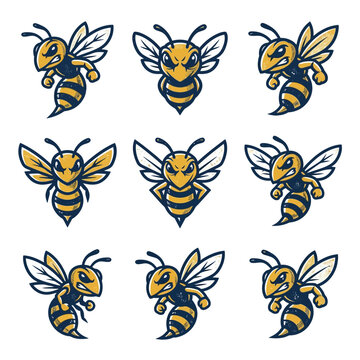Cartoon angry bee illustrations set.