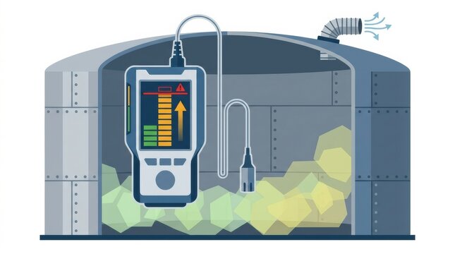 Gas monitoring device displays levels in confined space, reminding workers of safety permit requirements in industrial areas