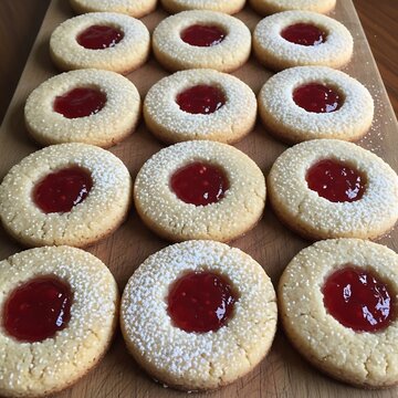 A tray of assorted sweet cookies with powdered sugar and jam filling