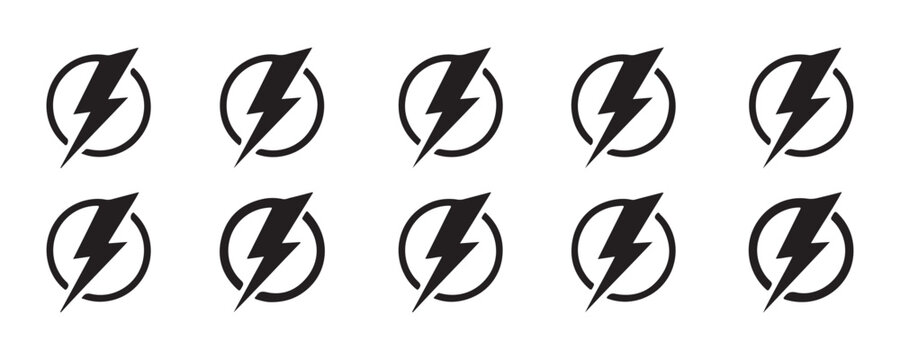 Electricity flash bolt icons set for energy charge levels and high voltage power symbol indicators.