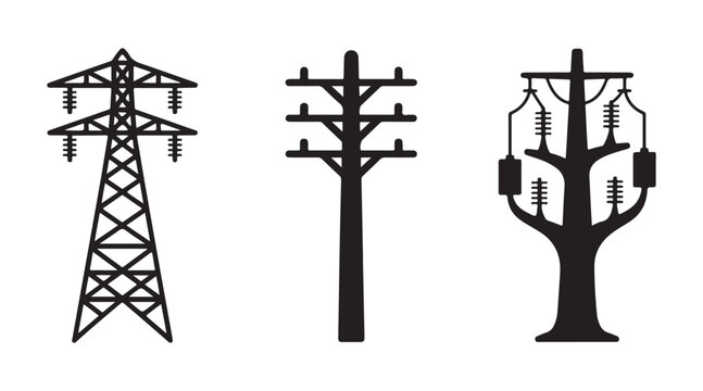 High voltage electricity pylon and power line pole vector icons for industrial energy infrastructure.