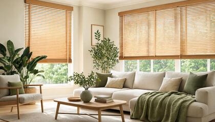 Fototapeta premium Neutral sofa and wooden blinds create a cozy living room with green plants and soft cushions. The space features natural light and earthy decor with copy space for text.