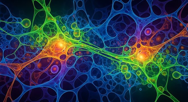 A vibrant abstract illustration of interconnected cells or neurons in various colors