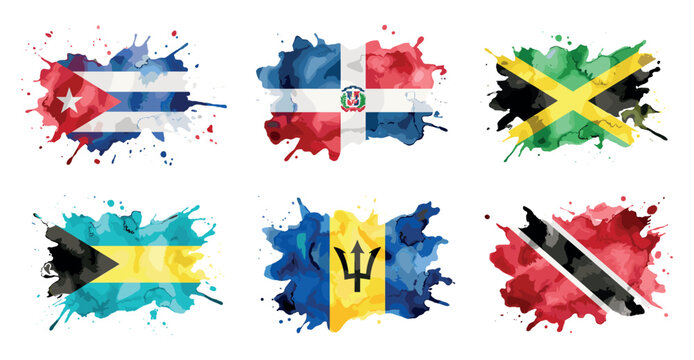 Caribbean flags watercolor paint splash collection representing countries