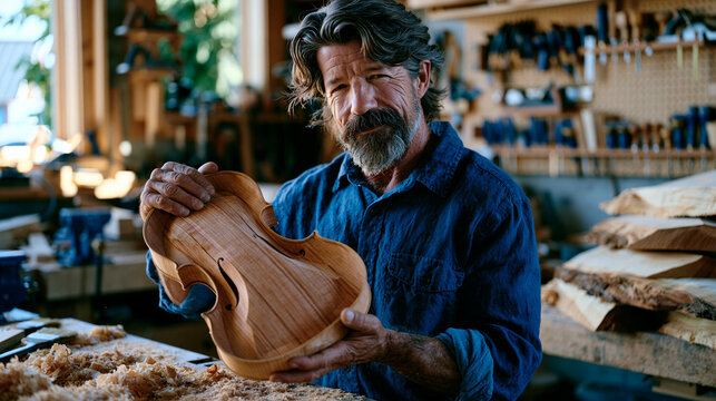 Master luthier in sawdust-covered workshop holds violin body to window light checking arch curvature, hand tools arranged on pegboard behind, spruce and maple billets stacked nearby, small-batch ins