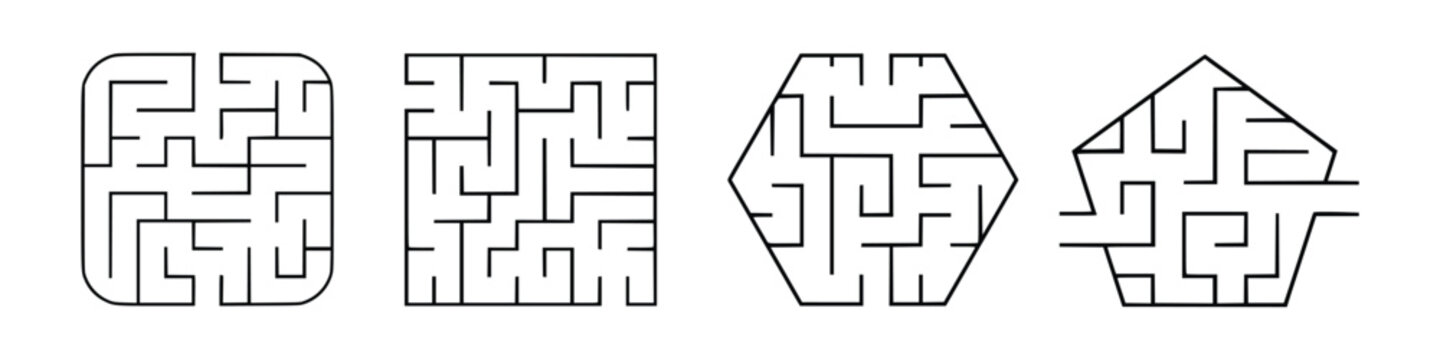 Abstract Maze Puzzle Shapes Vector Set &ndash; Square and Hexagon Labyrinth Collection, Brain Game, Logic Challenge, Minimal Line Design