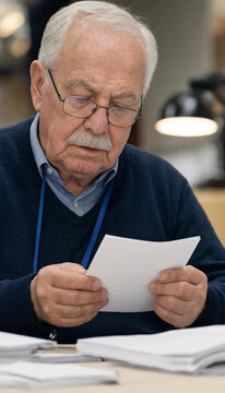 Elderly man reads and reviews paperwork at a desk with focused expression. He holds a sheet of paper while surrounded by stacked documents and warm indoor lighting.