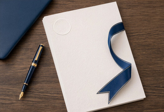 Blank notebook lies closed with a blue ribbon bookmark and a fountain pen on a wooden table. The composition suggests writing, planning, or gift presentation.