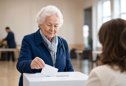 Elderly woman casting a ballot at a polling station while an attendant watches. The scene conveys civic participation and calm public service in a bright interior.