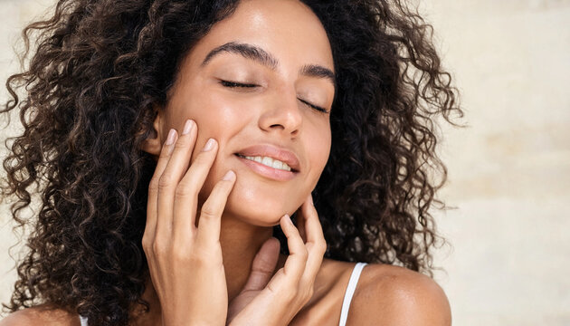 Young woman touching her face gently with eyes closed, expressing calm and self care in a neutral background. Close-up portrait with natural light and relaxed mood.