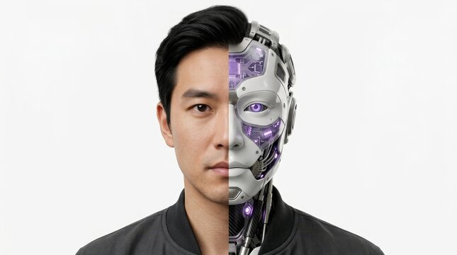 Half human, half robot face representing AI and technology merging.
