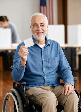 Elderly man in a wheelchair smiles while holding a blank ballot card at a polling location with voting booths in the background. The scene conveys civic participation and accessibility.
