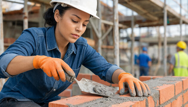 Woman laying bricks and applying mortar while building a wall on an active construction site. She wears a hard hat, gloves, and denim work shirt with scaffolding in background.