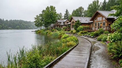 Fototapeta premium Scenic Lakeside Boardwalk Leading to Rustic Cabins Amidst Lush Greenery on an Overcast Day