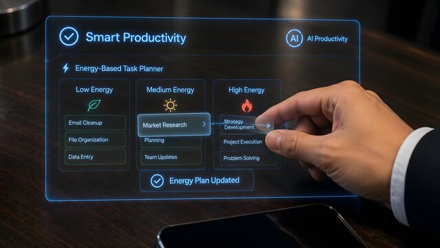 Ai powered productivity app interface showing energy based task management and market research
