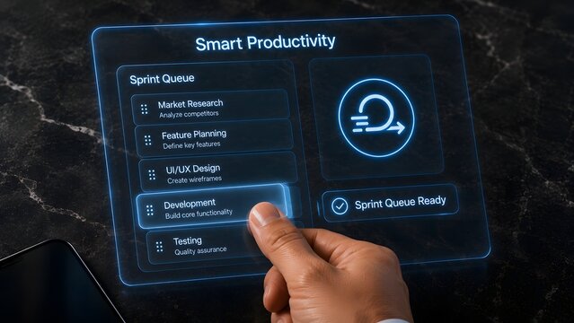 Digital sprint queue interface with hand interaction for agile project management